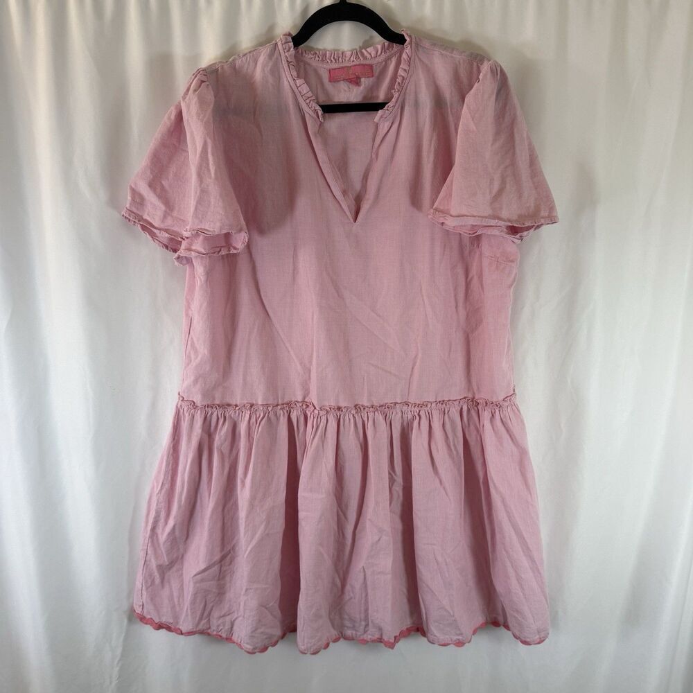 Simply Southern Dress Women's Large Pink Scalloped Hem Vneck Short Sleeve